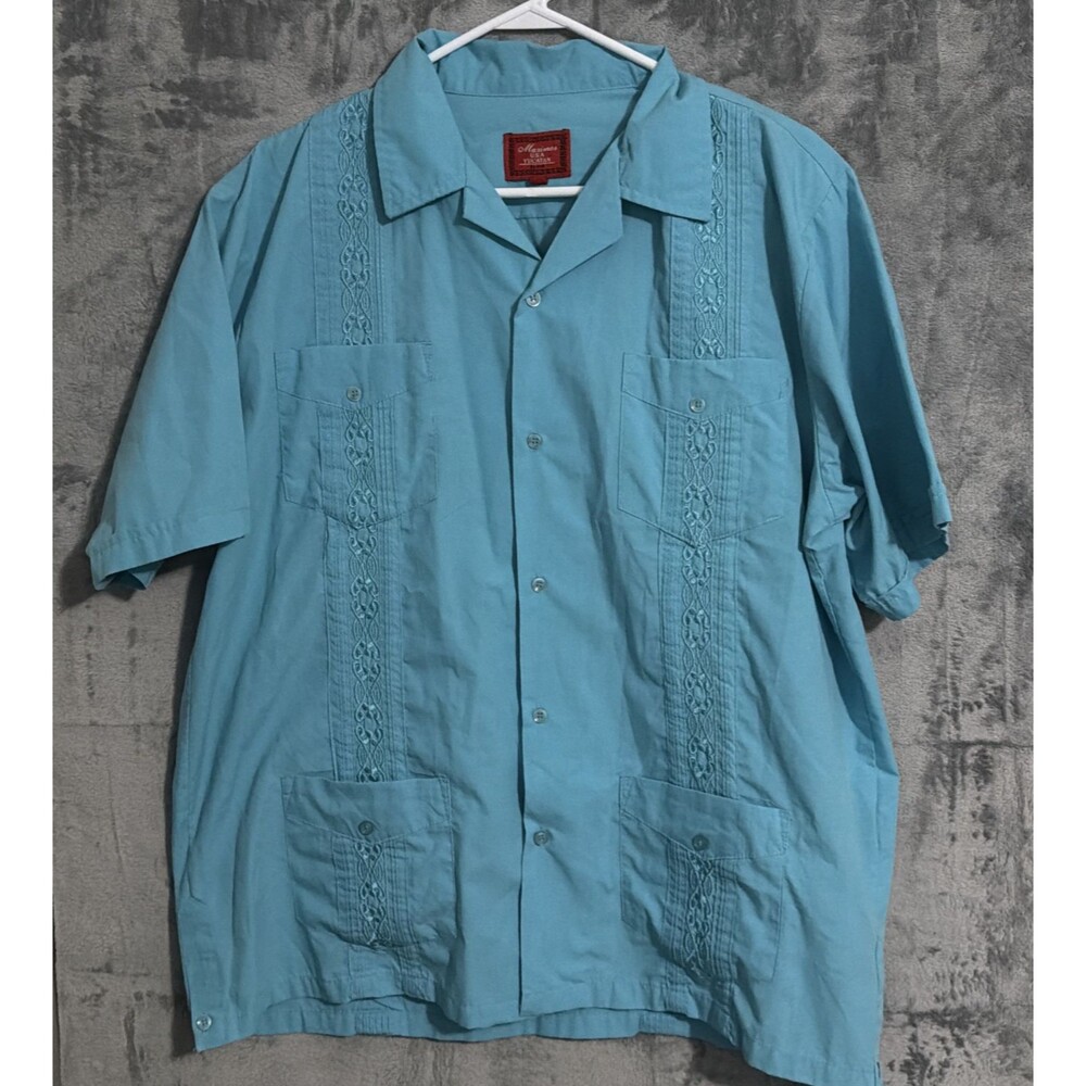 Maximos U.S.A. Yucatan Guayabera Shirt Men's L Turquoise Embroidered Made in USA